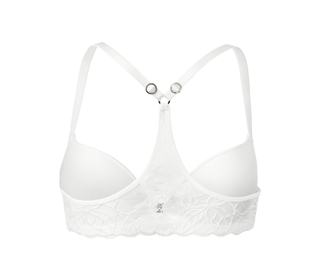 Detailansicht eines weißen Push-up-BHs mit Ringerrücken.