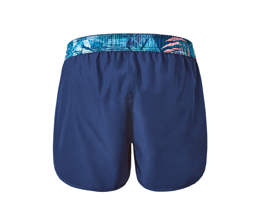 Rückansicht von dunkelblauen Bade- und Laufshorts mit floralem Bund.