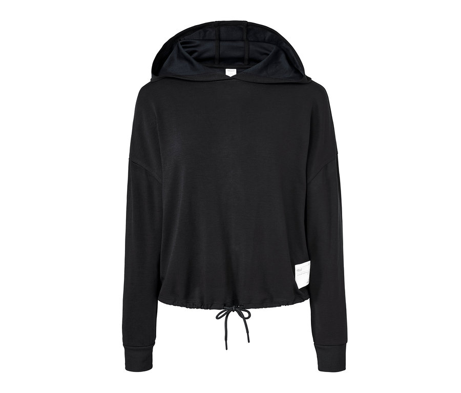 Schwarzer Lounge-Sweater mit Kapuze und Kordelzug.