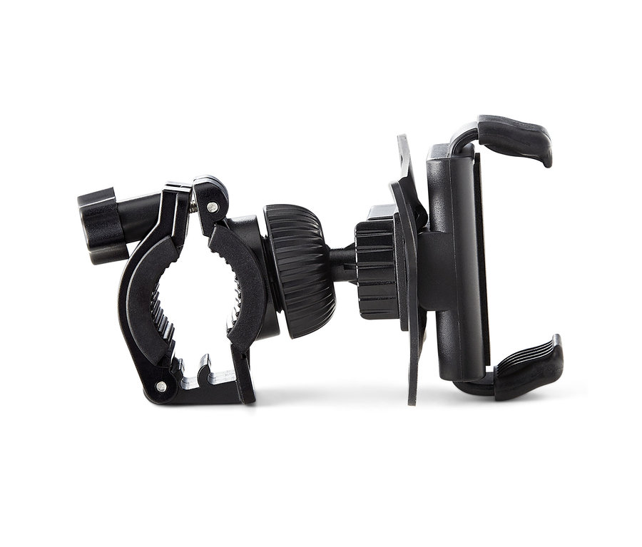 Schwarze Fahrrad-Smartphone-Halterung auf weißem Hintergrund.