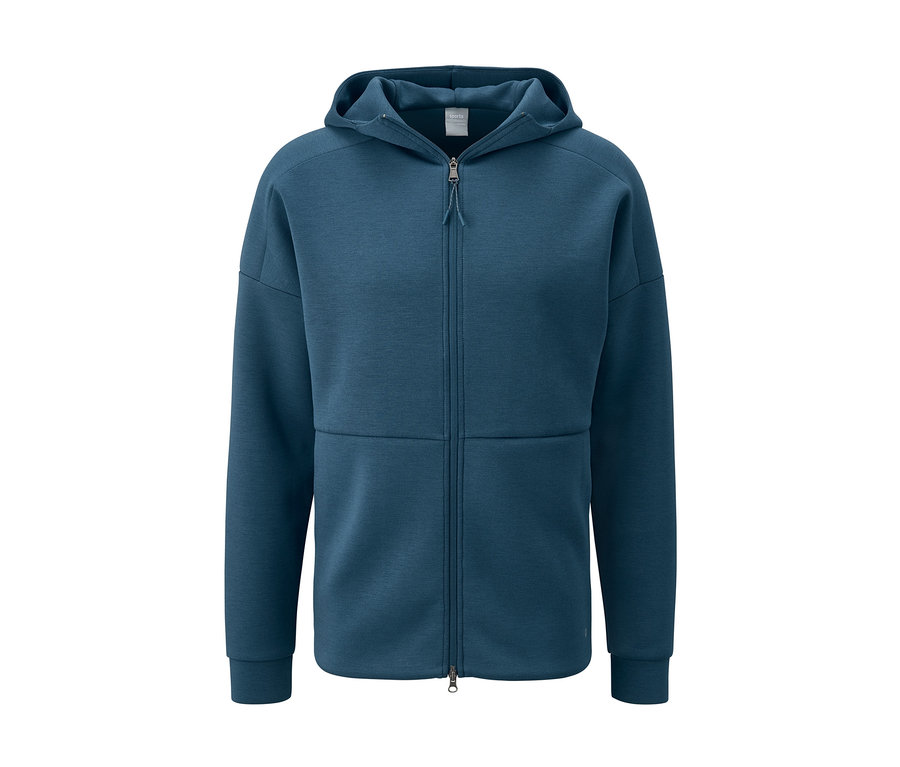 Blaue Funktionsjacke mit Kapuze und Reißverschluss.