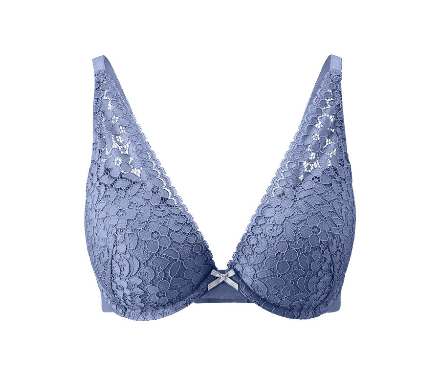 Blauer Schalen-BH mit Blumenspitze.
