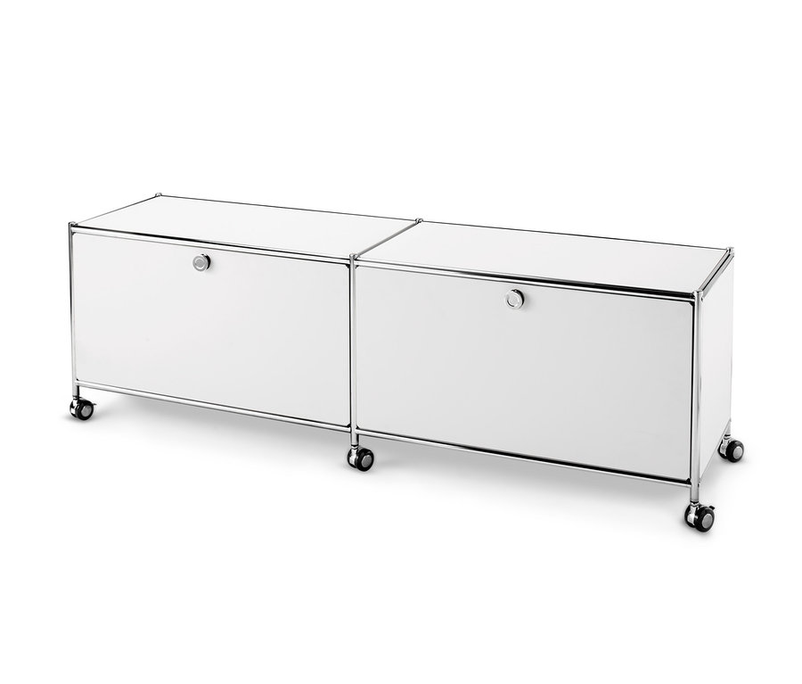 Zwei weiße Metall-Lowboards »CN3« mit je 2 Klappenfächern.