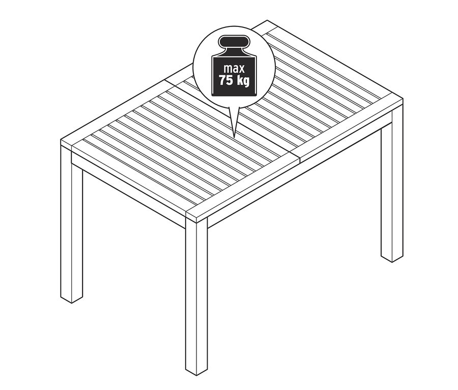 Eine Skizze von einem ausziehbaren Gartentisch in Vintage Grey mit einer maximalen Belastbarkeit von 75 kg.