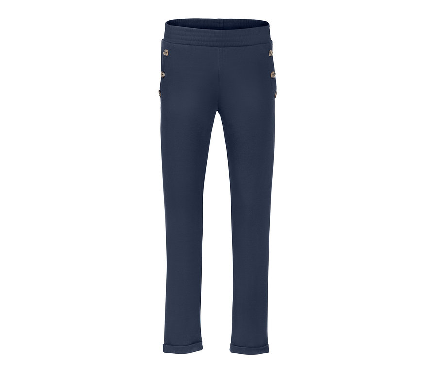 Knöchellange, marineblaue Sweathose mit Knöpfen an der Seite.