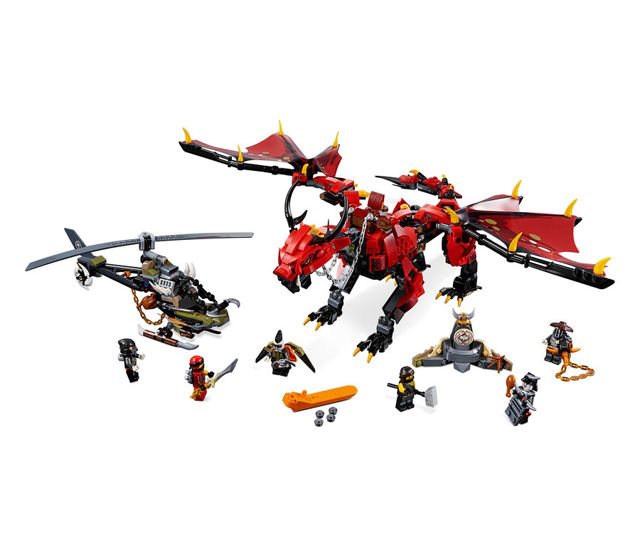 LEGO® NINJAGO®: Mutter der Drachen Set, zusammengesetztes rotes Drachenspielzeug und Hubschrauber mit Figuren.