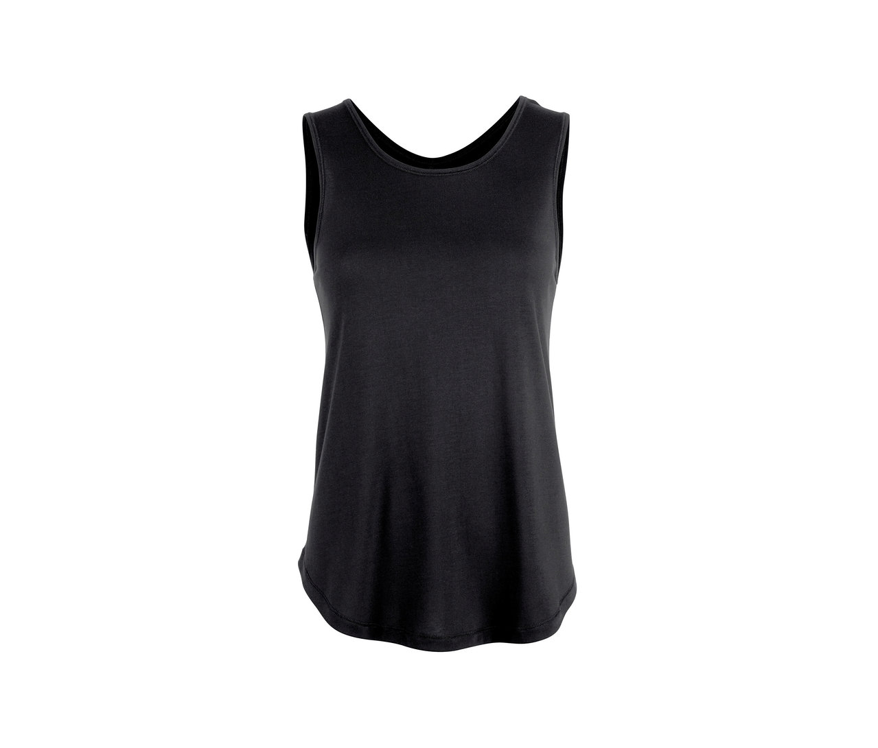 Schwarzes 2-in-1-Sporttop vor weißem Hintergrund.