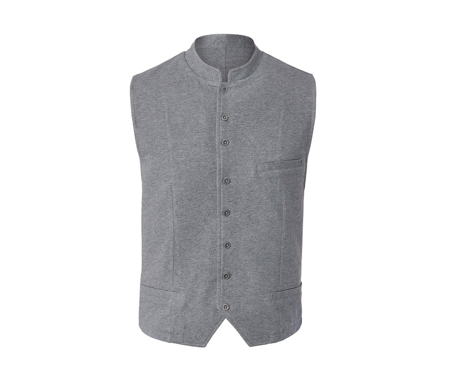 Graue Sweatweste mit Knöpfen und Taschen.