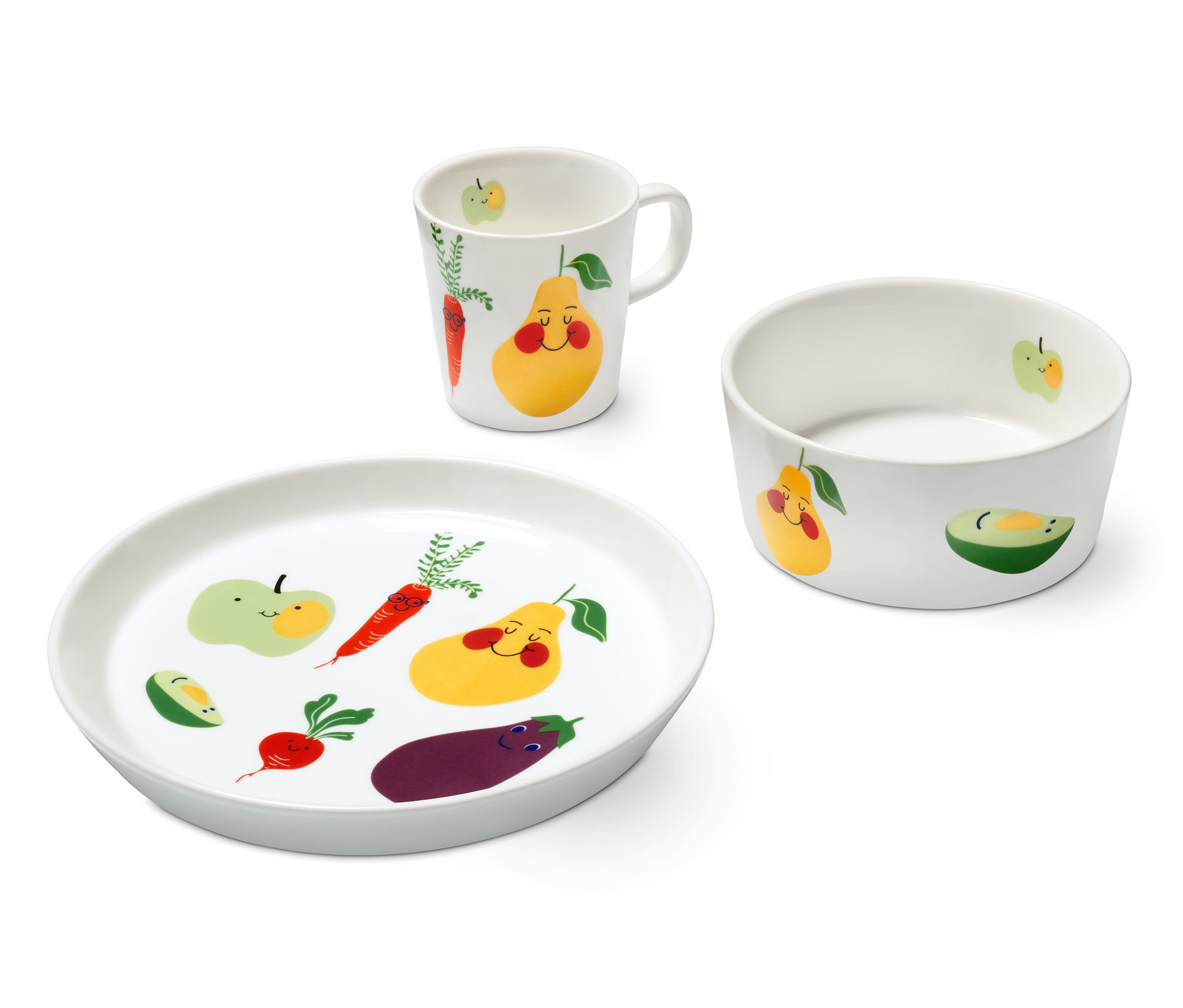 Ein 3-teiliges Kinder-Geschirr-Set mit Gemüse- und Obstmotiven.