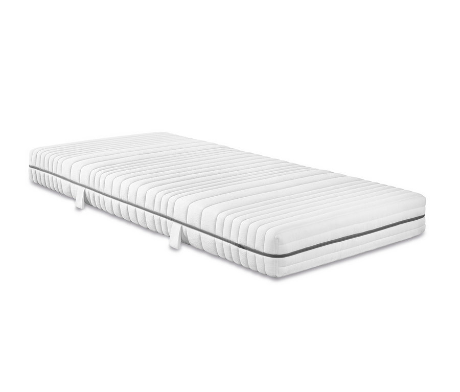 Eine weiße Badenia-7-Zonen-Tonnentaschen-Federkernmatratze liegt auf einem weißen Hintergrund.