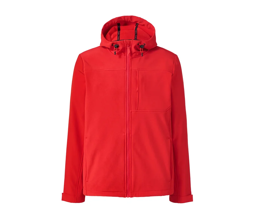 Eine rote Softshelljacke mit Reißverschluss und Kapuze.