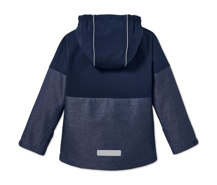 Blaue Softshelljacke aus recyceltem Material von hinten.