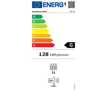Energieetikett mit den Klassen A bis G, Verbrauch 128 kWh/annum und einem Geräuschpegel von 39 dB.