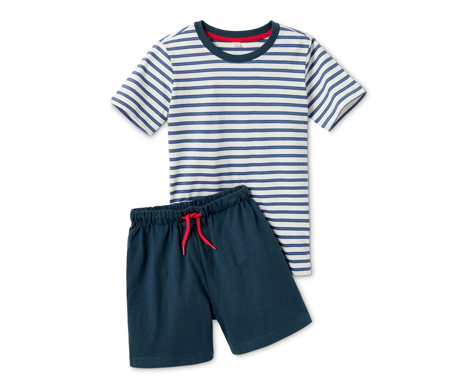 Zwei Shorty-Pyjamas aus Bio-Baumwolle: ein blau-weiß gestreiftes T-Shirt und eine marineblaue Short.