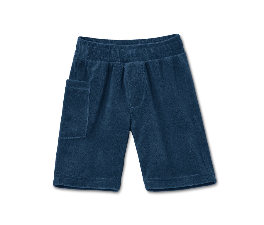 Eine marineblaue Frottier-Shorts mit elastischem Bund und einer Tasche.