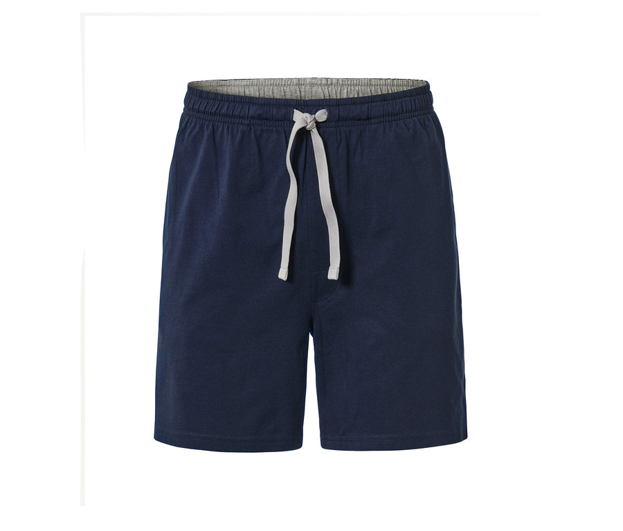 Marineblaue Pyjamashorts aus einem 4-teiligen Pyjama-Set mit grauem Kordelzug in der Taille.