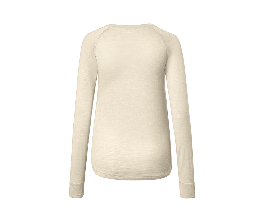 Beiges Funktionsshirt mit langen Ärmeln aus Merinowolle, Rückansicht.