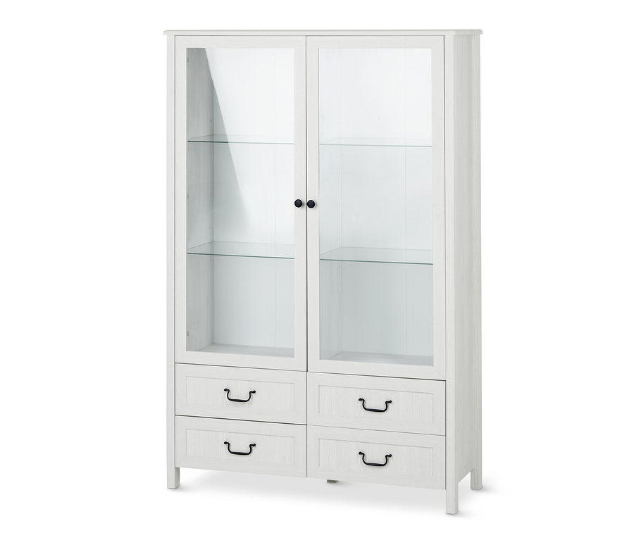 Eine 2-türige Vitrine mit einem gläsernen Oberteil und vier Schubladen im Unterteil.