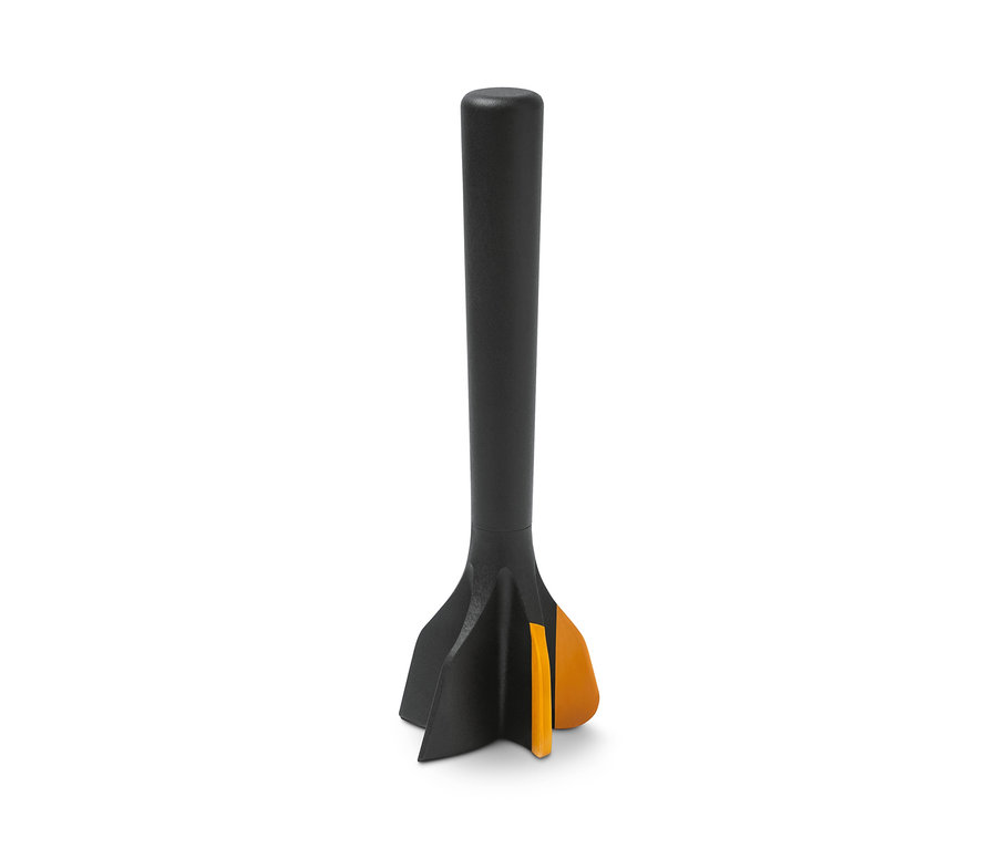 Detailansicht eines 3-in-1-Hackfleischzerteilers mit schwarzem Griff und grauem Sockel mit orangefarbenen Akzenten.