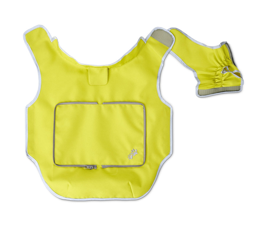 Gelbe Hunde-Leuchtweste mit Tasche und silbernen Akzenten.