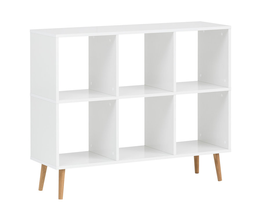 Weißes Regal »Moonlight« mit sechs Fächern und Holzfüßen.
