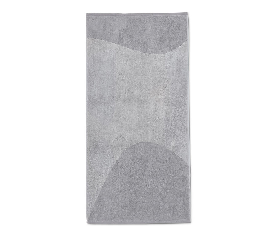 Graues Jacquard-Badetuch mit abstraktem Muster.