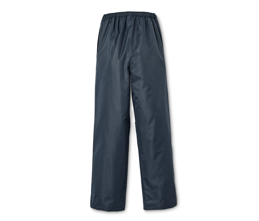 Eine dunkelblaue Regenhose mit elastischem Bund.