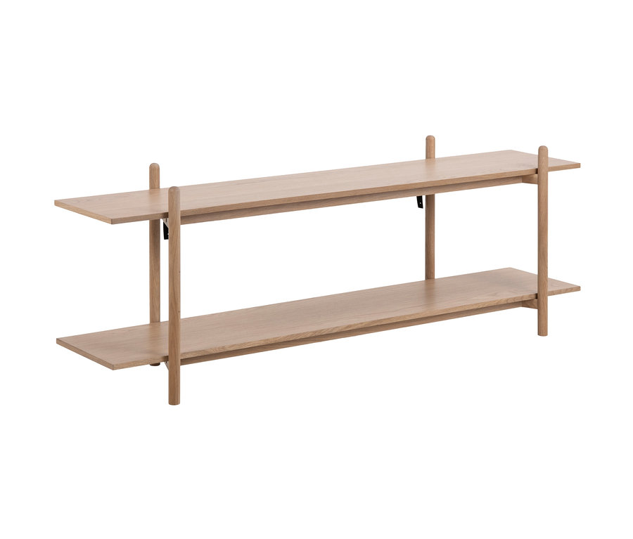Kleines, offenes Regal aus hellem Holz.
