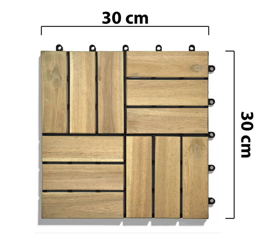 Quadrat aus 10 hellbeigen Holzfliesen, jeweils 30 cm x 30 cm.