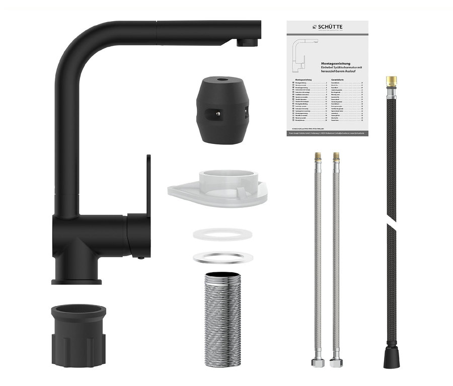 Eine zerlegte, mattschwarze London Spültischarmatur mit Montageanleitung.