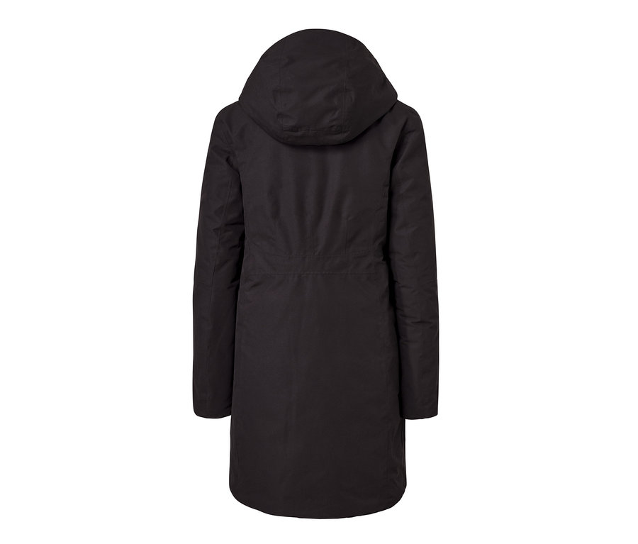 Rückansicht eines schwarzen Thermomantels mit Kapuze.