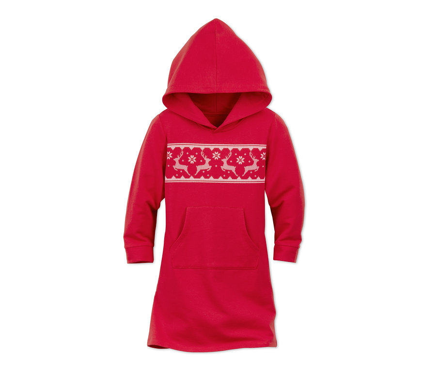 Rotes Loungekleid mit Kapuze und weißem Muster aus Rentieren und Schneeflocken.