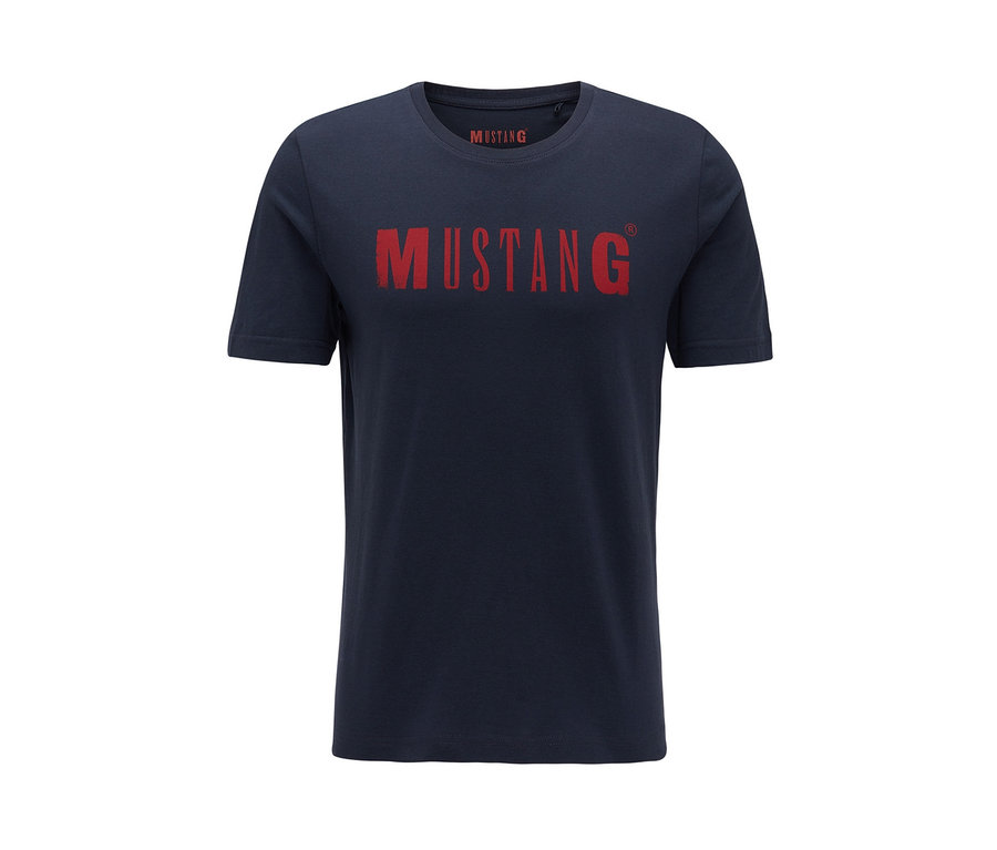 Dunkelblaues T-Shirt »Mustang« mit rotem Aufdruck.
