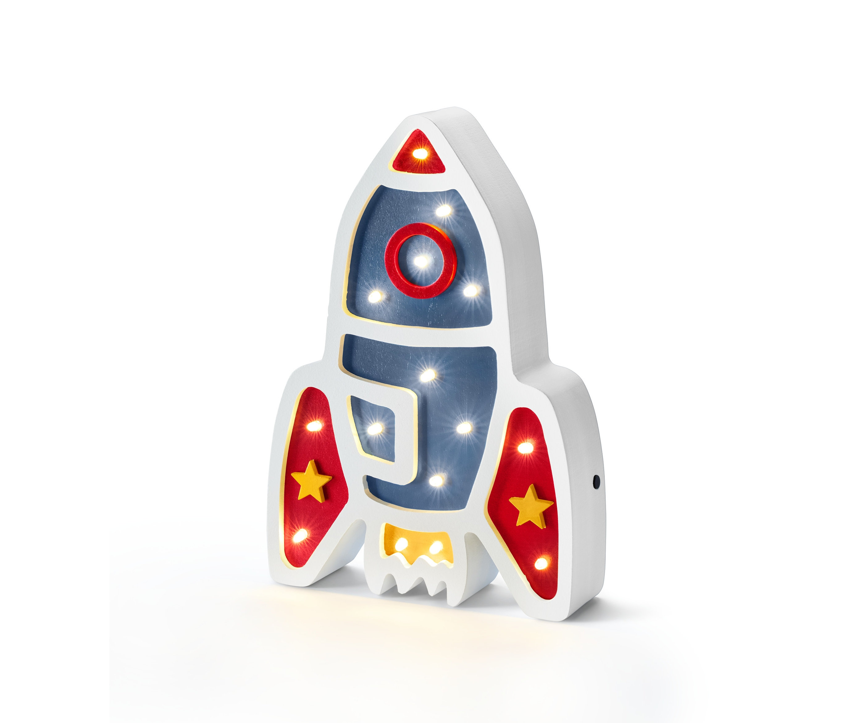 Eine beleuchtete LED-Leuchte »Rakete« steht vor einem weißen Hintergrund.