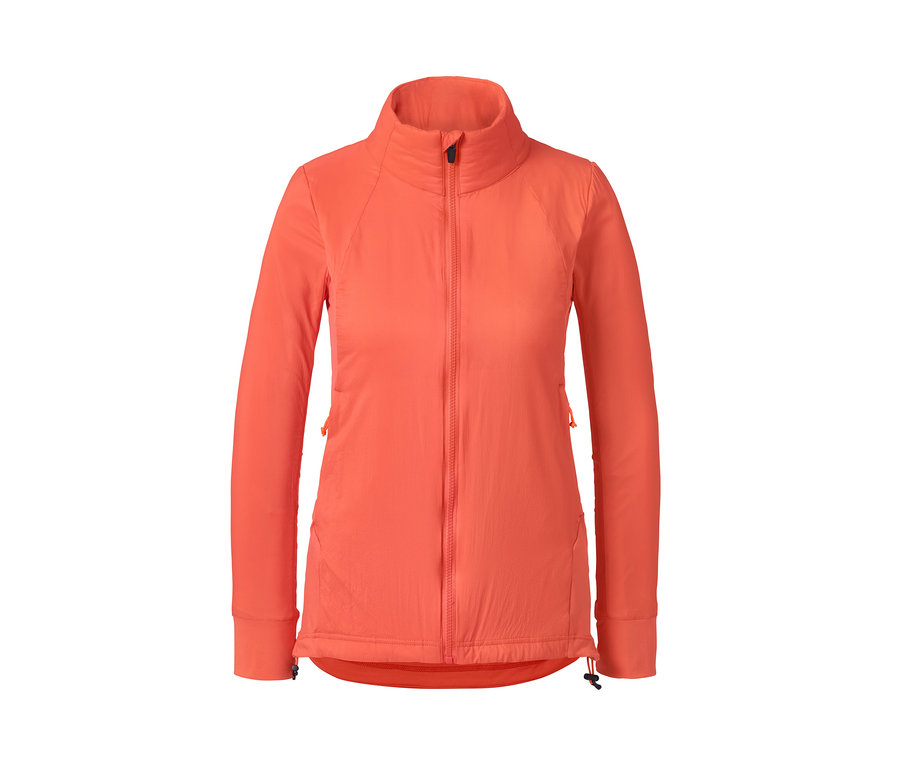 Orangefarbener Hybrid-Midlayer mit Reißverschluss in der Mitte.
