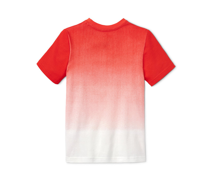 Rückseite eines T-Shirts, das oben rot ist und nach unten hin weiß wird.