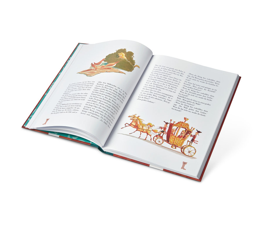 Geöffnetes Buch mit Illustrationen und Text; Buch »Mein großer Märchenschatz«.