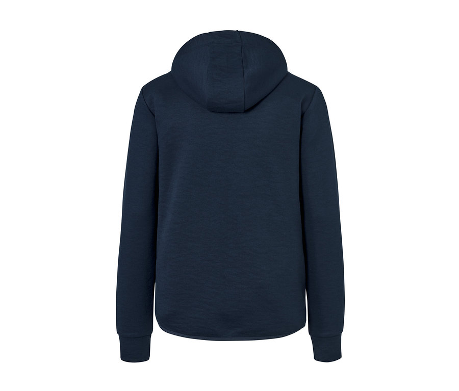 Rückansicht einer marineblauen Funktionssweatjacke mit Kapuze.