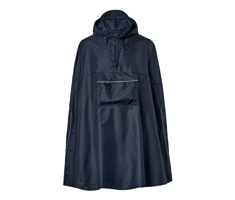 Nahaufnahme eines dunkelblauen Unisex-Regenponchos mit Kapuze und Tasche.