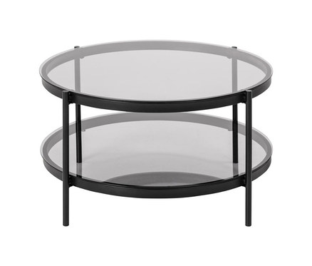 Detailansicht eines runden Glas-Couchtisches mit zwei Ebenen.