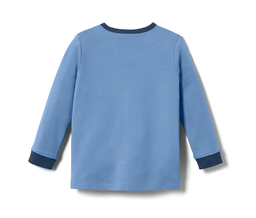 Blauer Kleinkinder-Interlock-Pyjama mit langen Ärmeln.