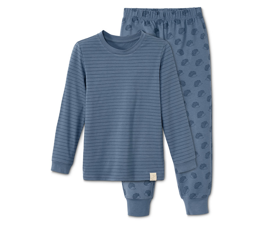Blauer Pyjama mit Streifen und Igel-Print.