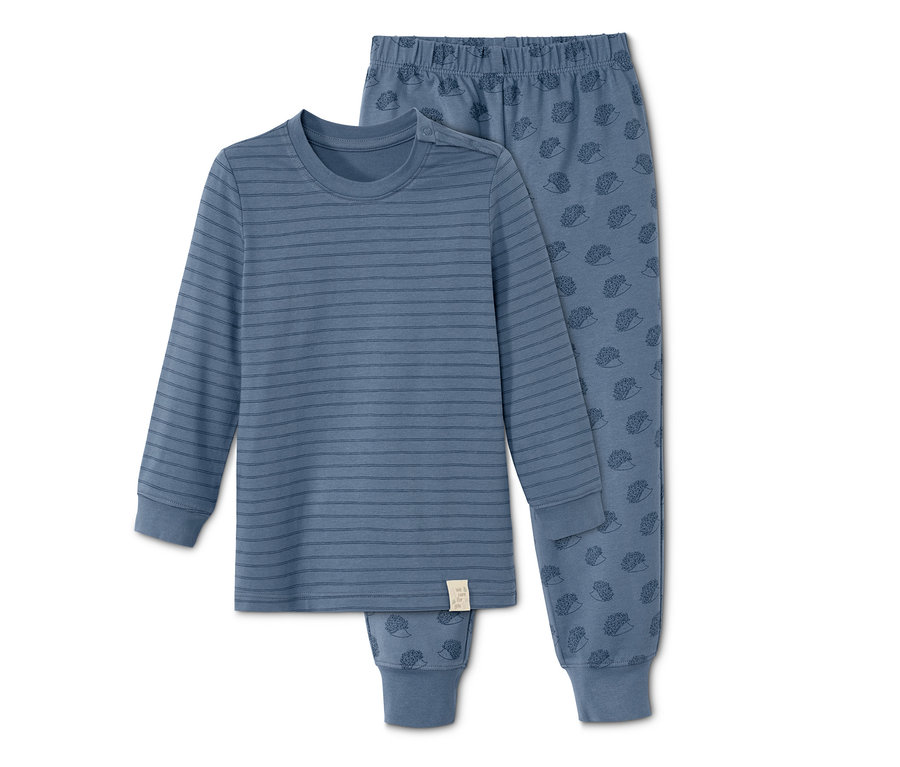Blauer Pyjama mit Streifen und Igel-Print.