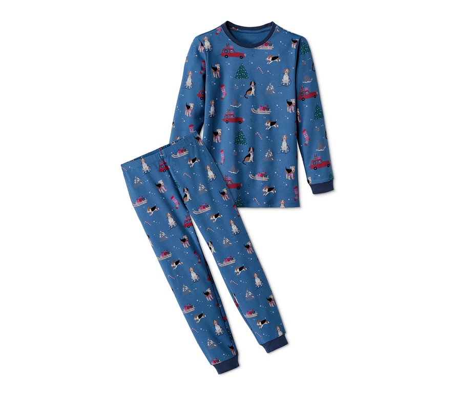 Blauer Interlock-Pyjama mit Hunde-, Weihnachtsbaum- und Automotiven.