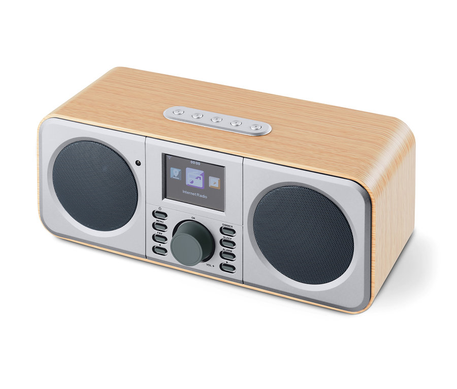 Ein WLAN-Internetradio mit Farbdisplay in einem Holzgehäuse.