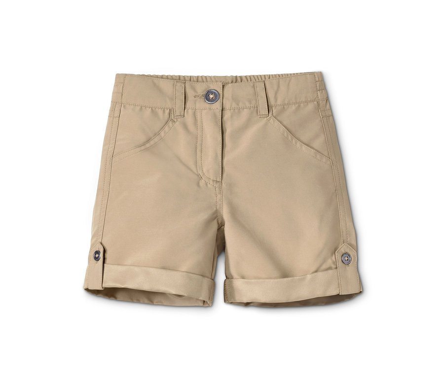 Beige 2-in-1-Funktionsshorts auf einem weißen Hintergrund.