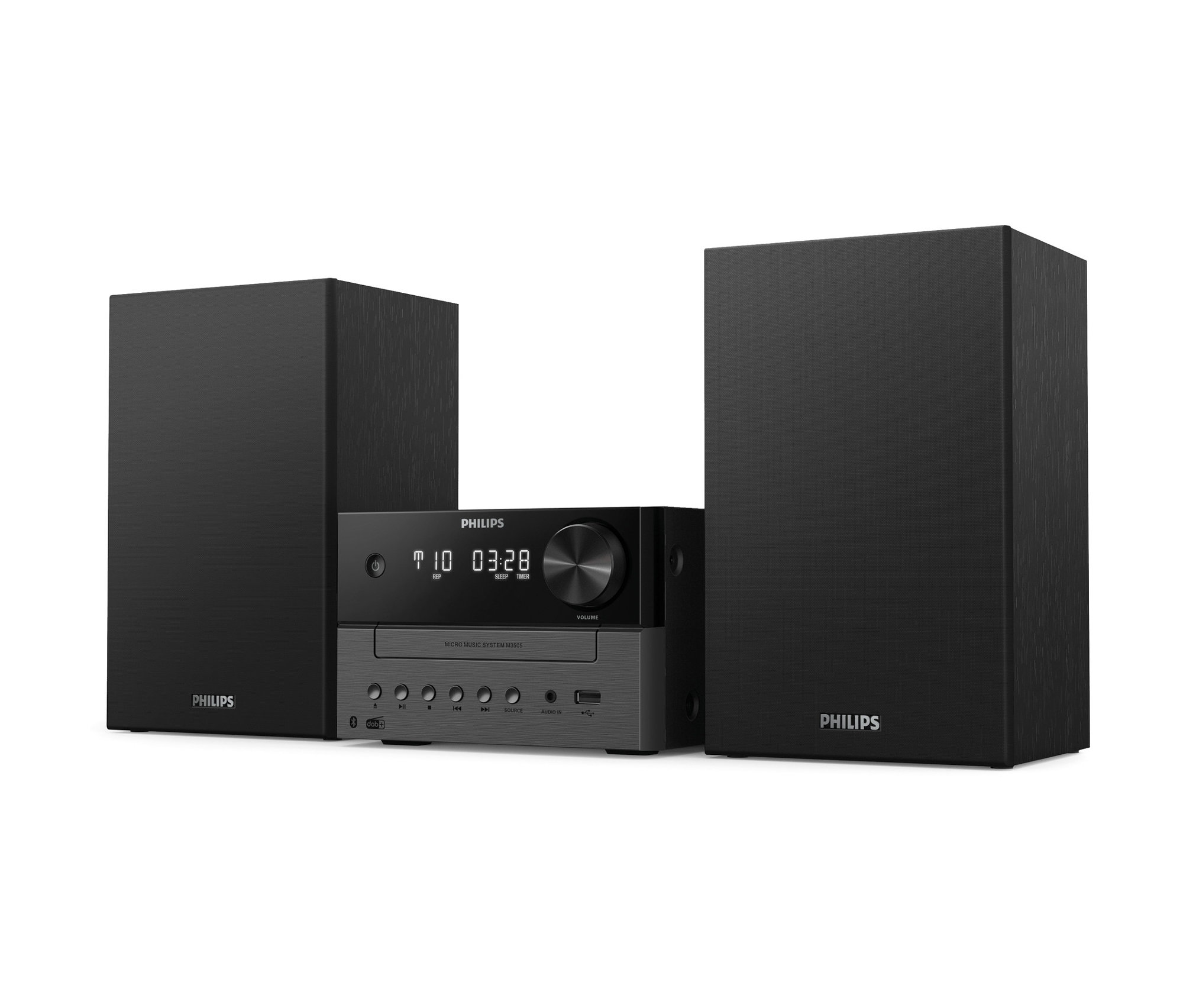 Schwarze Philips Mini-Stereoanlage TAM3505 mit zwei Lautsprechern.