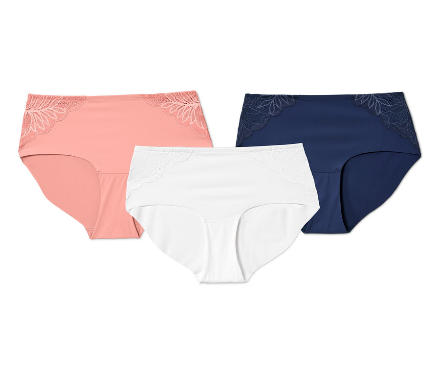 Drei Pantys »Magic Cut« in Pfirsich, Weiß und Dunkelblau.
