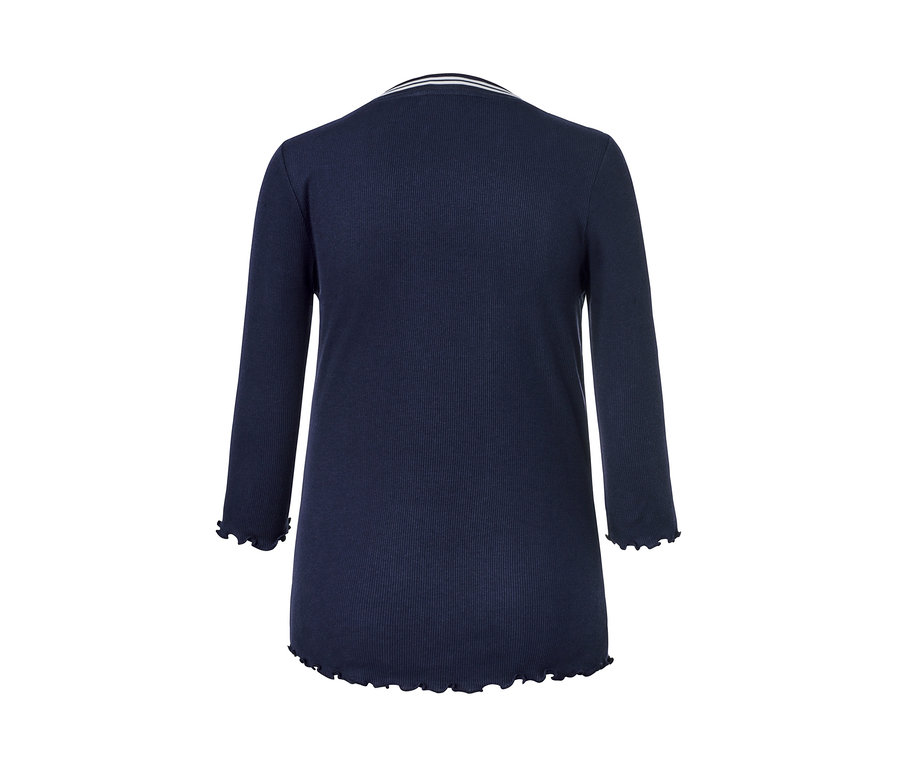 Dunkelblaues Shirt mit 3/4-Arm und weißem Rand um den Hals.