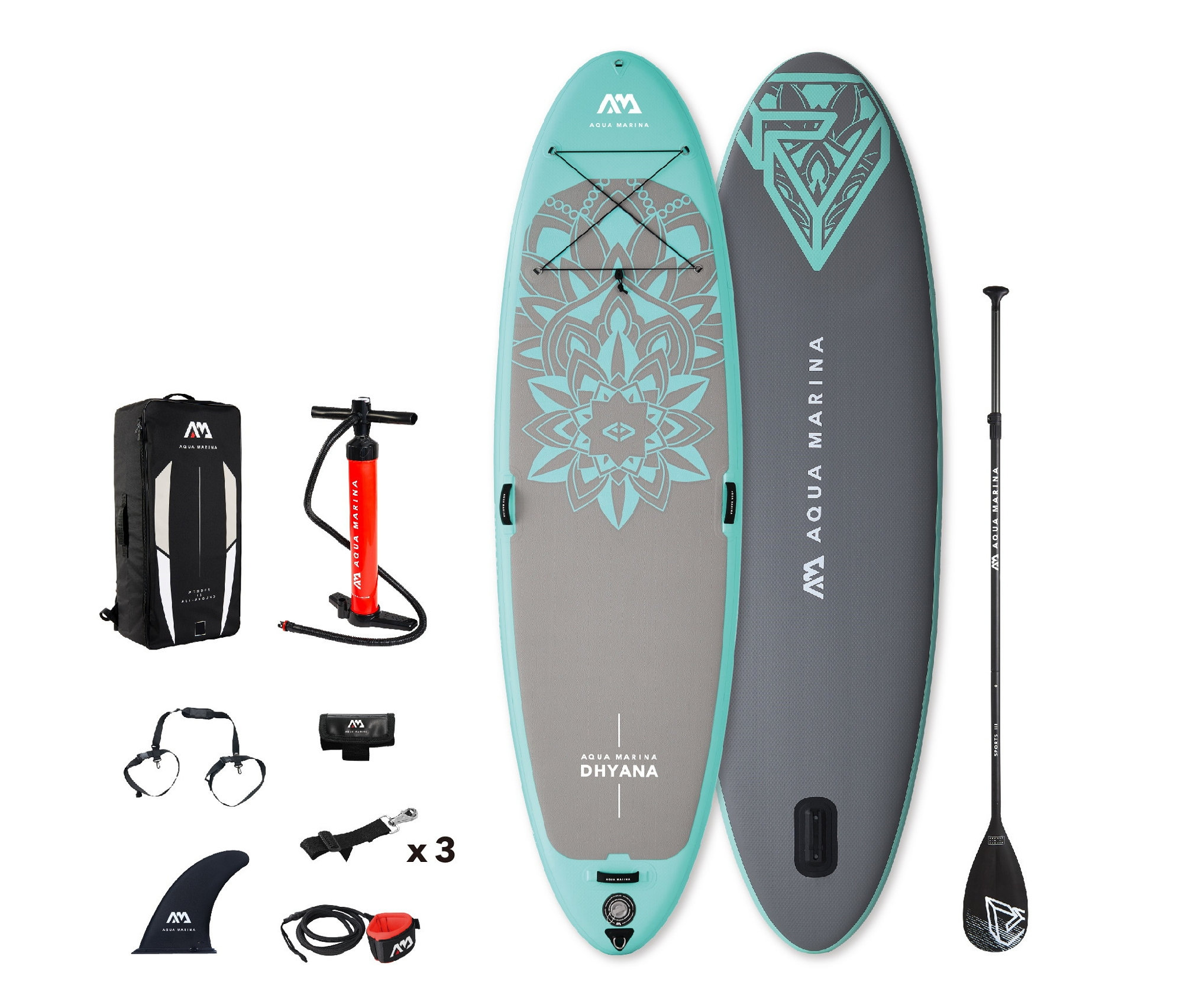 Zwei Yoga-SUP-Boards »Dhyana«, eine Pumpe, ein Paddel, eine Tasche und Zubehör.
